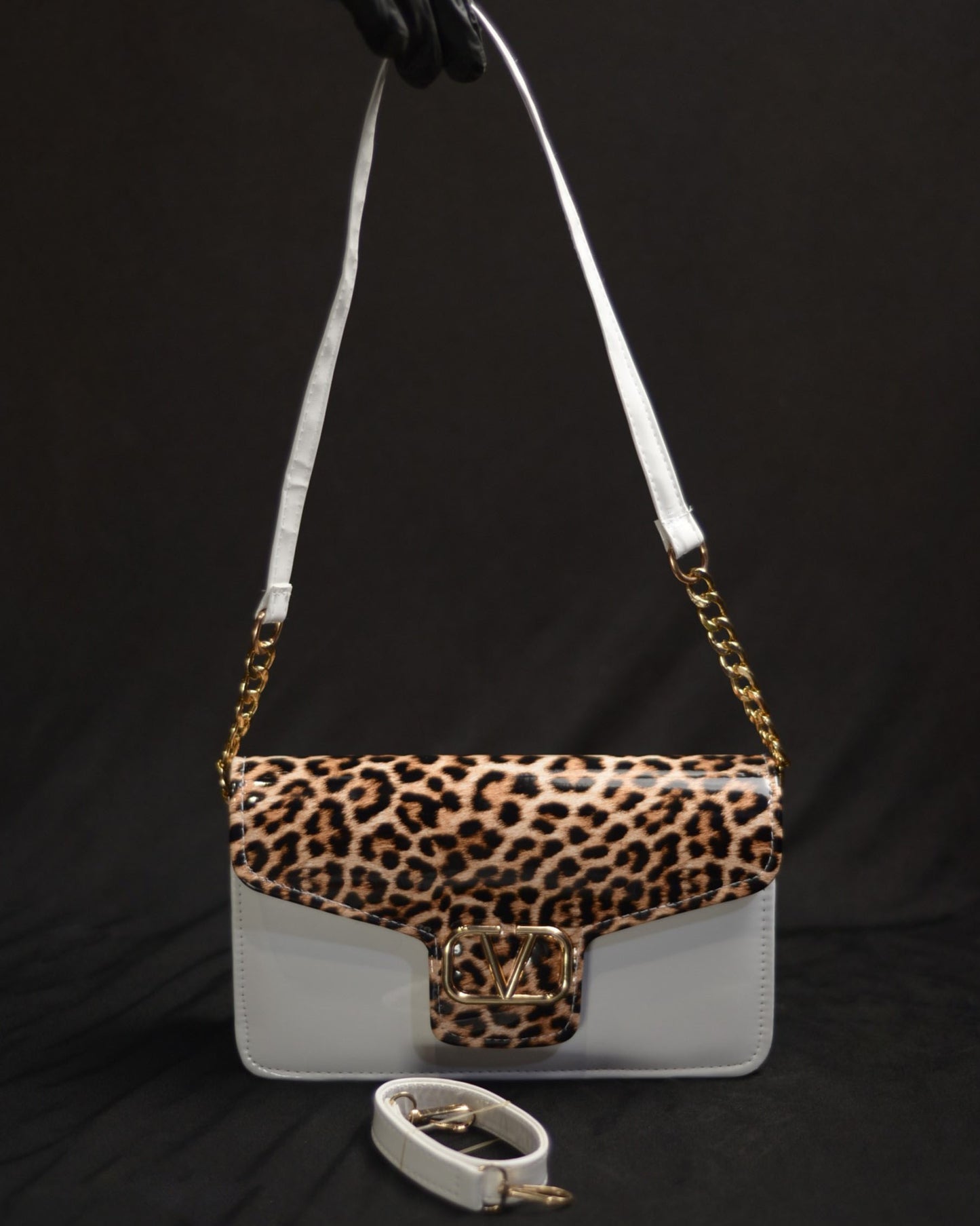 V Logo Structured Shoulder Bag-Ivory White Leopard