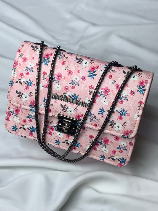 MK-Pink Floral Print Crossbody Handbag