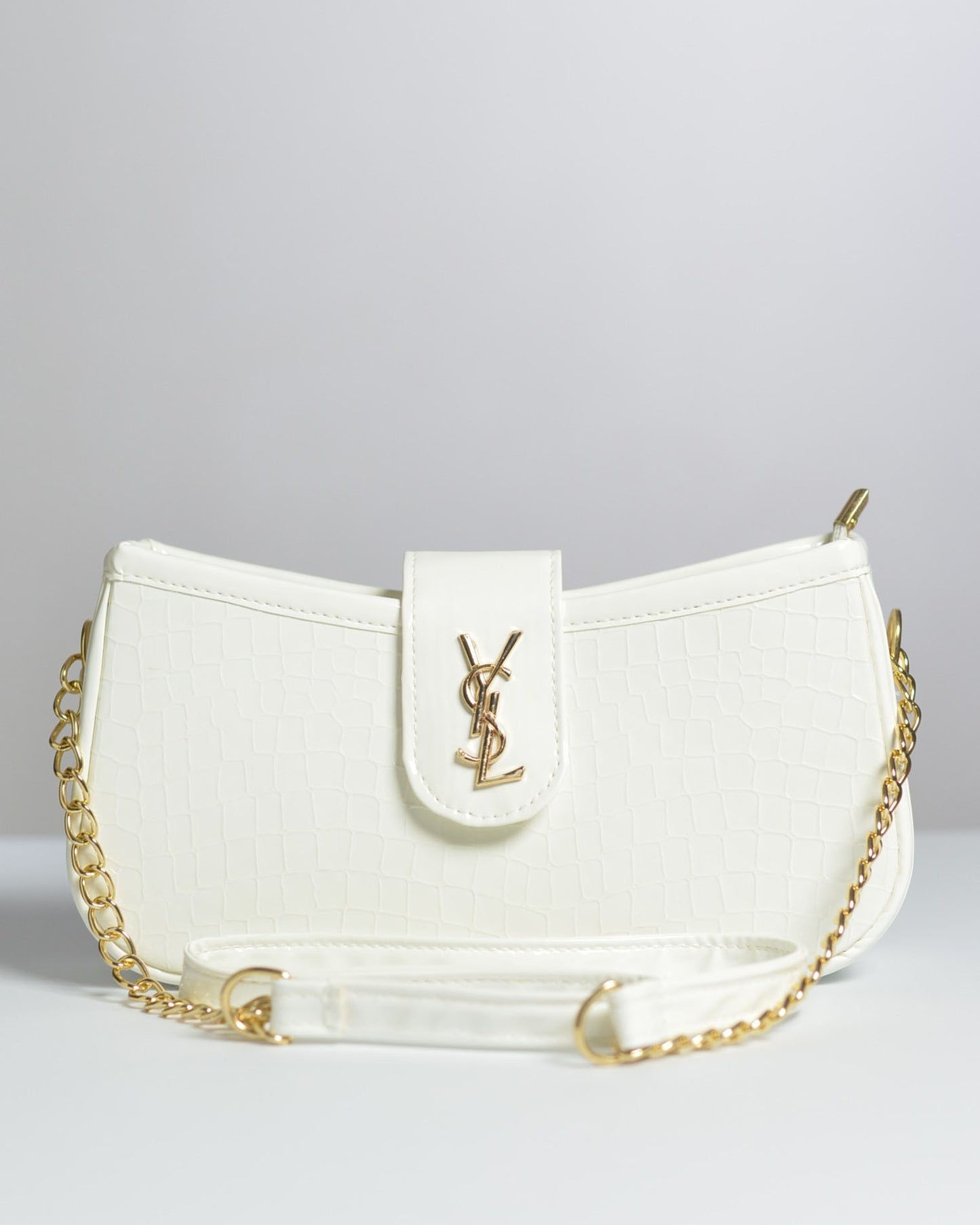 Luxury White Croc Texture Shoulder Bag with Gold Chain Strap