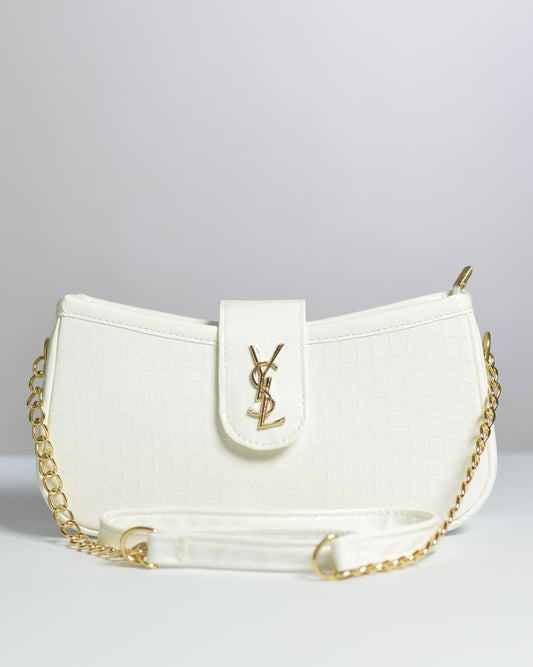 Luxury White Croc Texture Shoulder Bag with Gold Chain Strap