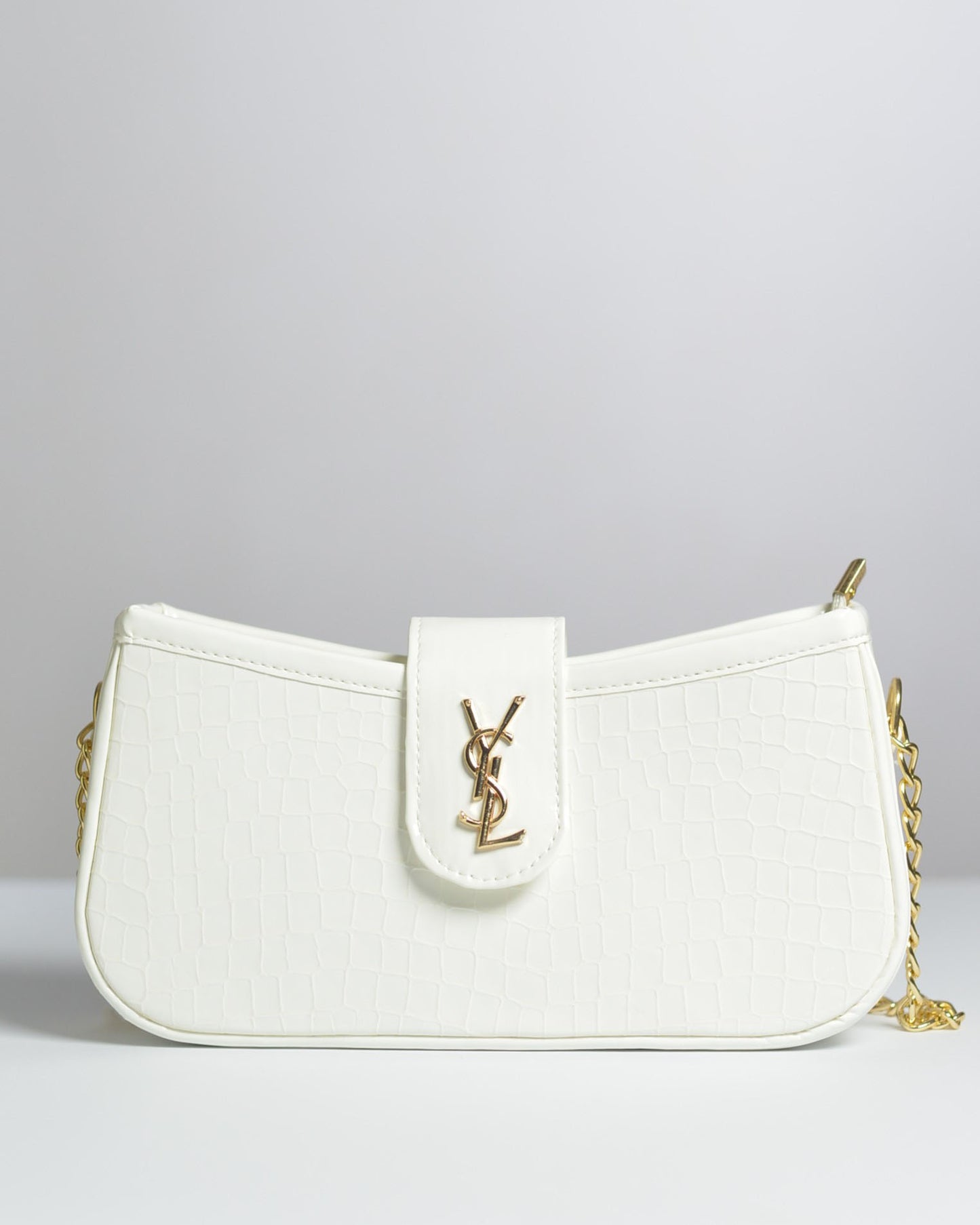 Luxury White Croc Texture Shoulder Bag with Gold Chain Strap