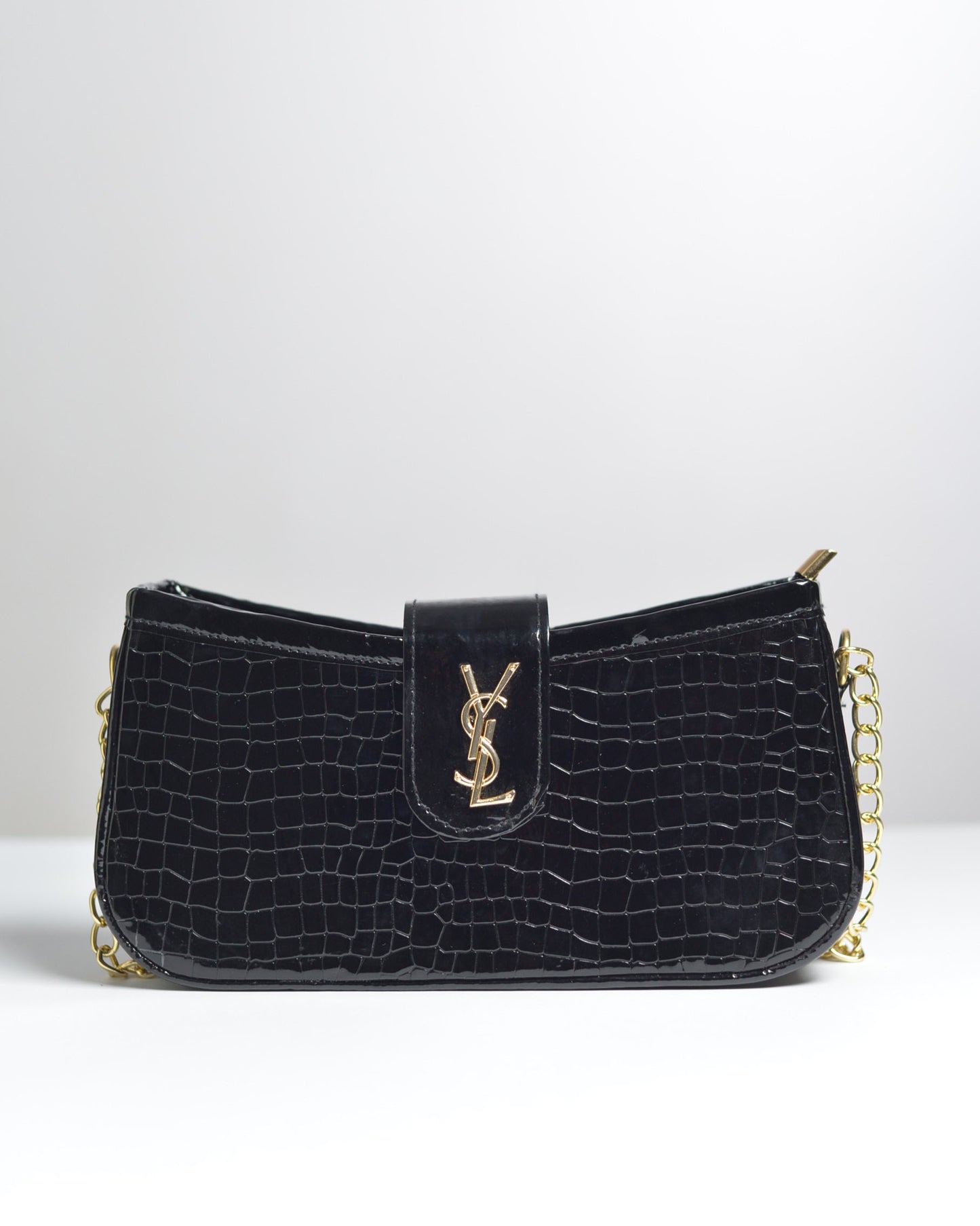 Luxury Black Croc Texture Shoulder Bag with Gold Chain Strap