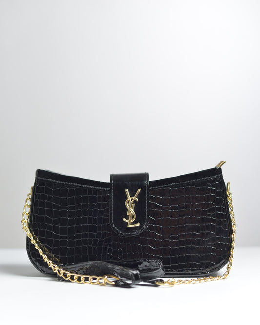 Luxury Black Croc Texture Shoulder Bag with Gold Chain Strap